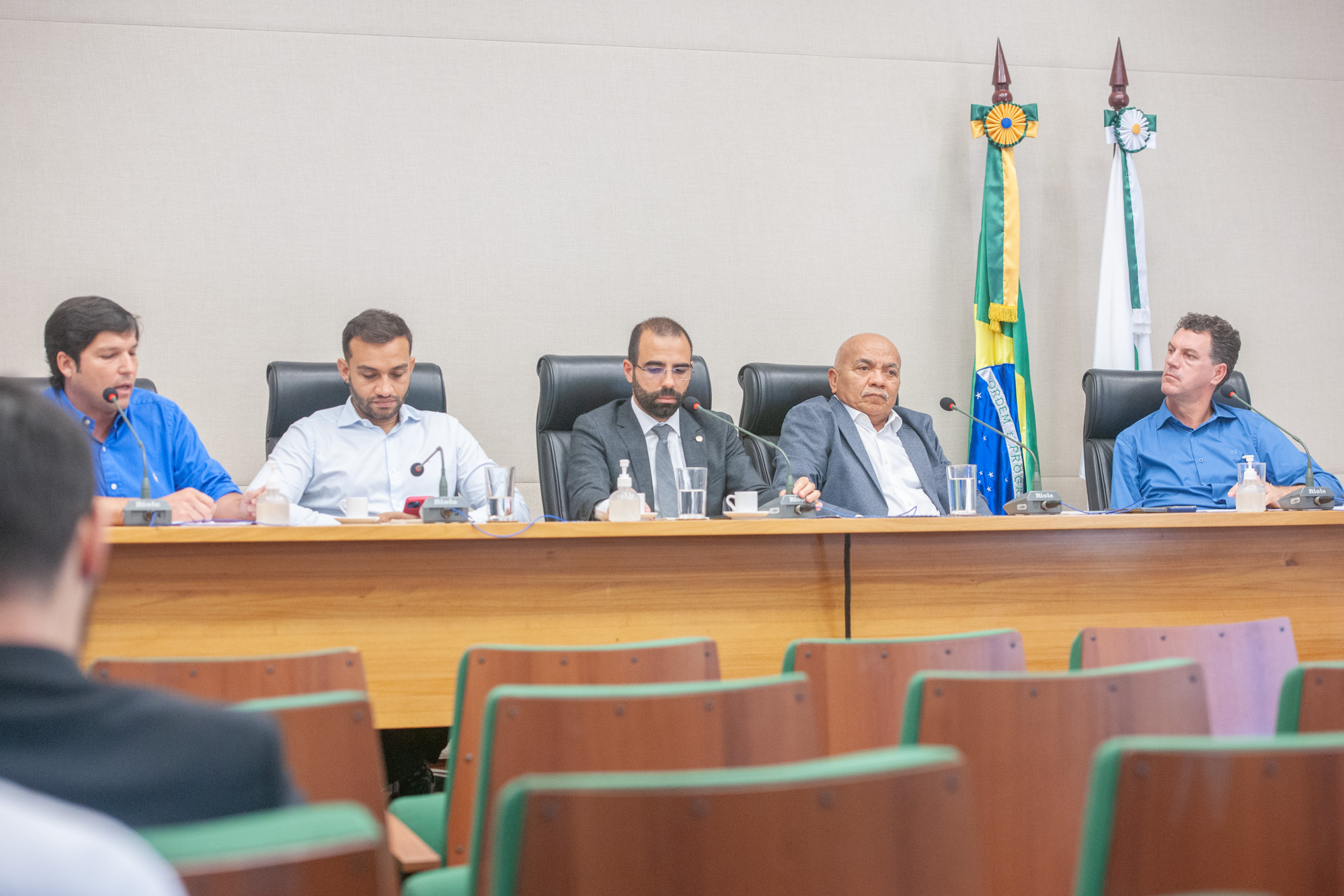 Participaram da reunião os deputados Thiago Manzoni, Chico Vigilante, Rogério Negreiros, Iolando e Fábio Felix.