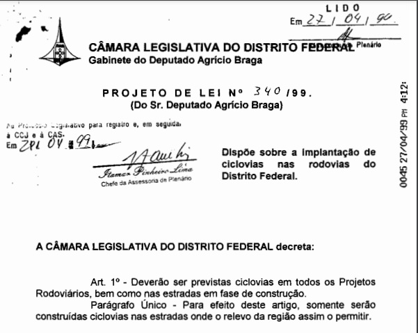 Primeira página do PL 340/99 que deu origem à Lei n° 3.639/2005