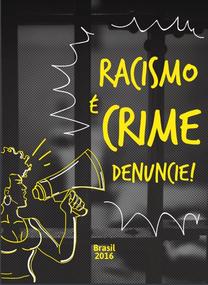 fundo preto com grades, título em amarelo e uma mulher com megafone e imagem de uma balão saindo a frase 