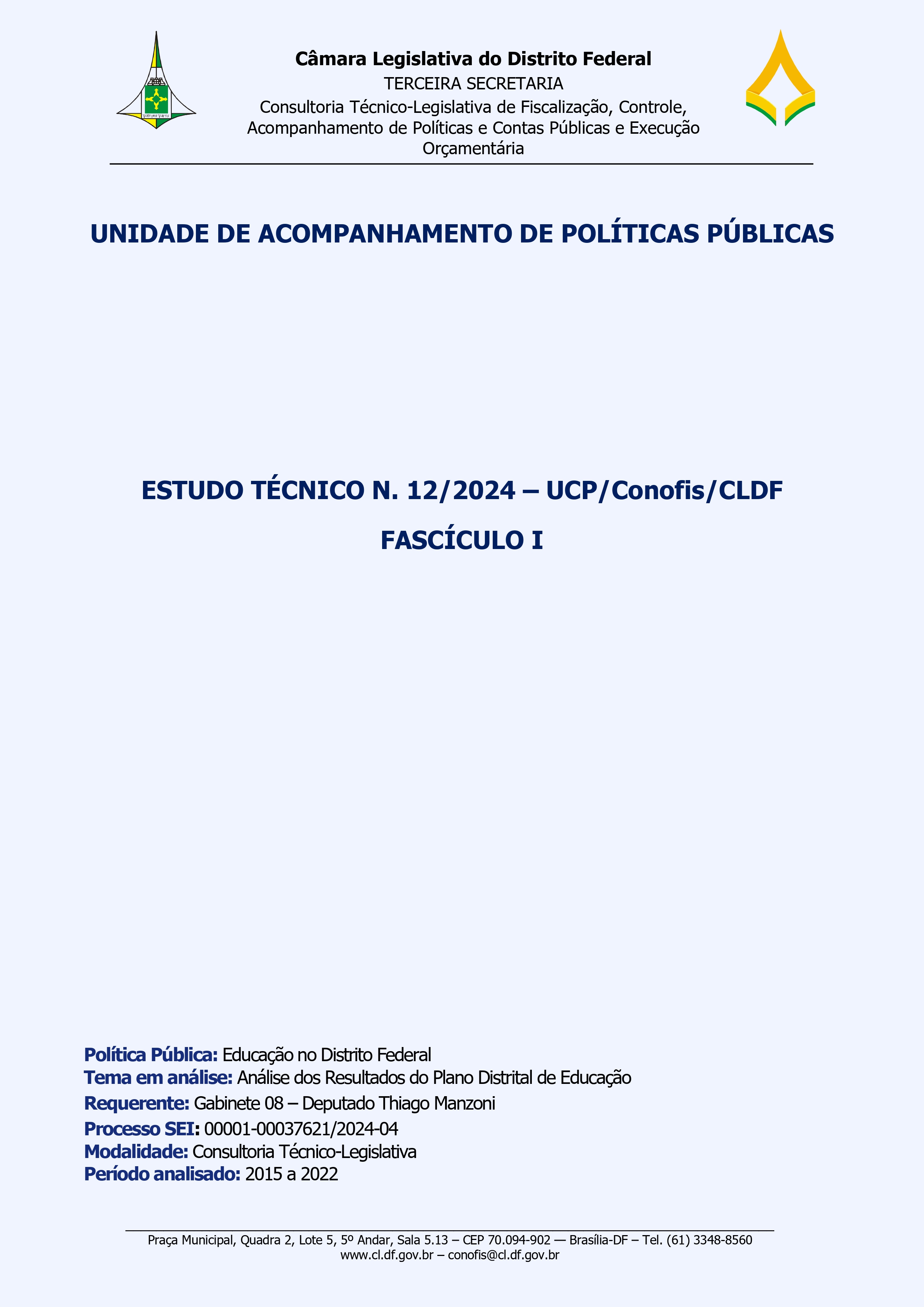 Capa Estudo Técnico n. 12/2024/UCP/CONOFIS/CLDF - PDE - Fascículo I 
